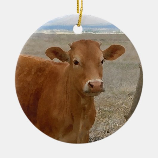 Hübscher Western-rote Vieh-Kühe doppelseitig Keramik Ornament (Vorne)