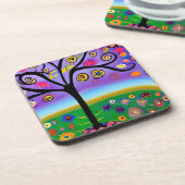 Hübscher Whimsical Tree Folk Art Generierte Kunst Getränkeuntersetzer (Linke Seite)