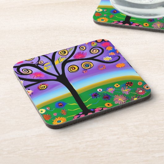 Hübscher Whimsical Tree Folk Art Generierte Kunst Getränkeuntersetzer (Linke Seite)