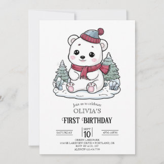 Hübscher Winterpolarbär 1. Geburtstag digital Einladung