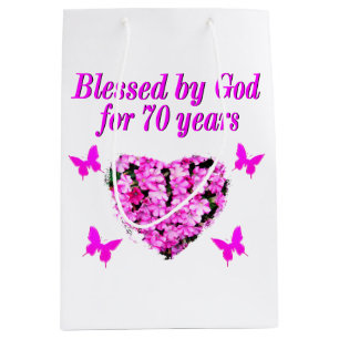 HÜBSCHES 70. PINK FLORARAL GEBURTSTAGES DESIGN MITTLERE GESCHENKTÜTE