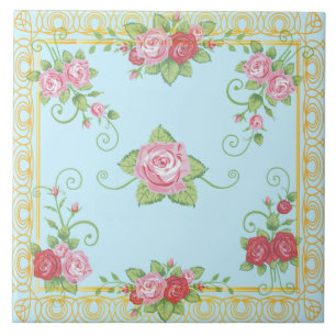Hübsches altes Rosen Blau Gold Vintage Fliesenmust Fliese