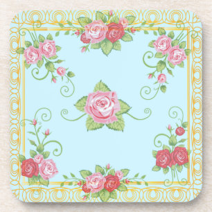 Hübsches altes Rosen-Blau-Gold-Vintage-Fliesenmust Untersetzer