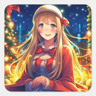 Hübsches Anime Girl am Winterweihnachtsfest Quadratischer Aufkleber