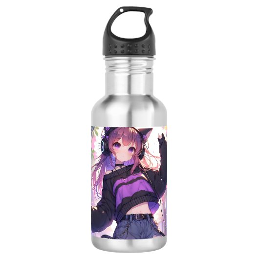 Hübsches Anime-Girl auf Kopfhörern mit Katzenohren Edelstahlflasche (Vorderseite)