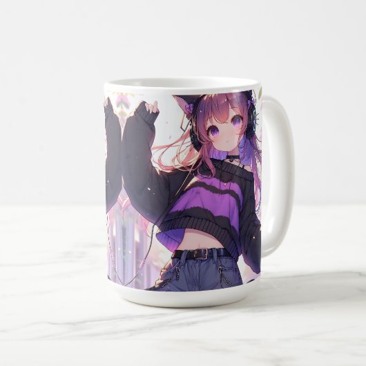 Hübsches Anime-Girl auf Kopfhörern mit Katzenohren Kaffeetasse (VorderseiteRechts)