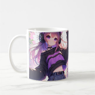 Hübsches Anime-Girl auf Kopfhörern mit Katzenohren Kaffeetasse