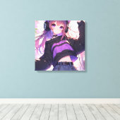 Hübsches Anime-Girl auf Kopfhörern mit Katzenohren Leinwanddruck (Insitu (Holzboden))