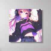 Hübsches Anime-Girl auf Kopfhörern mit Katzenohren Leinwanddruck (Vorderseite)