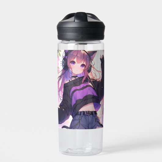 Hübsches Anime-Girl auf Kopfhörern mit Katzenohren Trinkflasche (Vorderseite)