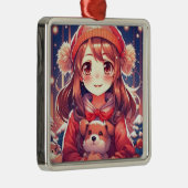 Hübsches Anime Girl mit Welpen- und Ohrmuffen Ornament Aus Metall (Rechts)