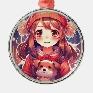 Hübsches Anime Girl mit Welpen- und Ohrmuffen Ornament Aus Metall