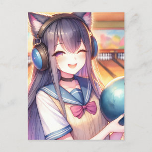 Hübsches Anime-Mädchen auf Bowling-Geburtstagsfeie Postkarte