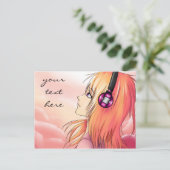 Hübsches Anime-Mädchen, das Musikpostkarte hört Postkarte (Stehend Vorderseite)