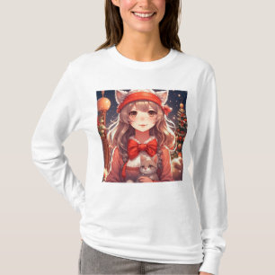 Hübsches Anime-Mädchen hält Kätzchen Weihnachten T-Shirt