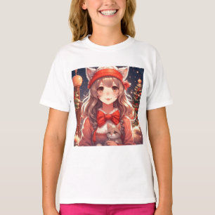Hübsches Anime-Mädchen hält Weihnachts-Kätzchen T-Shirt