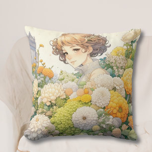 Hübsches Anime-Mädchen in gelben und weißen Blumen Kissen