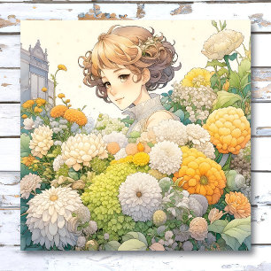 Hübsches Anime-Mädchen in gelben und weißen Blumen Poster