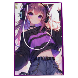 Hübsches Anime-Mädchen mit Kopfhörern zum Geburtst Mittlere Geschenktüte