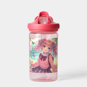Hübsches Anime-Mädchen mit rosa Zöpfen Trinkflasche