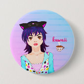 Hübsches Anime-Mädchen und Kawaii-Tasse Kaffee Button (Vorderseite)