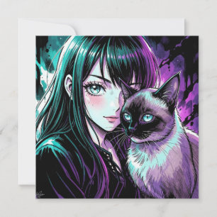 Hübsches Anime-Mädchen und Siamkatze
