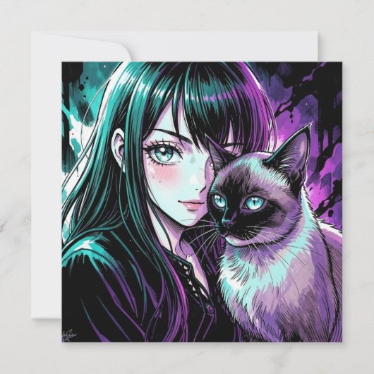 Hübsches Anime-Mädchen und Siamkatze (Vorderseite)