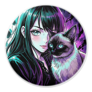 Hübsches Anime-Mädchen und Siamkatze Keramikknauf