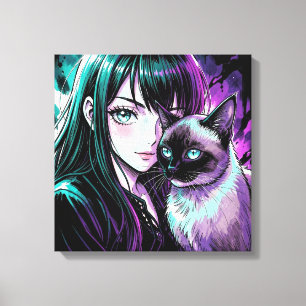Hübsches Anime-Mädchen und Siamkatze Leinwanddruck