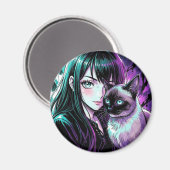 Hübsches Anime-Mädchen und Siamkatze Magnet (Vorderseite/Rückseite)
