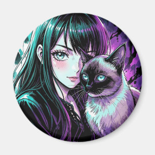 Hübsches Anime-Mädchen und Siamkatze Magnet