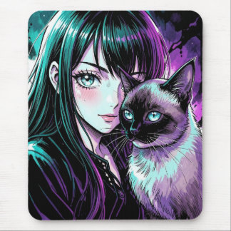 Hübsches Anime-Mädchen und Siamkatze Mousepad