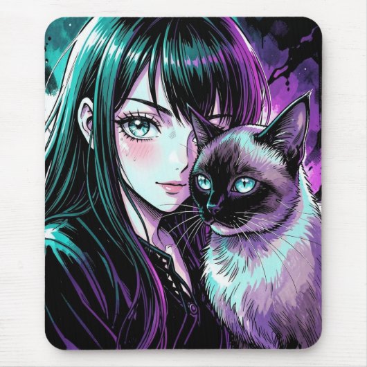 Hübsches Anime-Mädchen und Siamkatze Mousepad (Vorne)