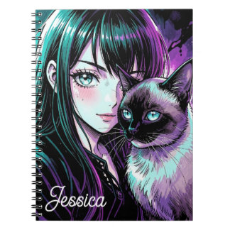 Hübsches Anime-Mädchen und Siamkatze Notizblock