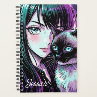 Hübsches Anime-Mädchen und Siamkatze Planer