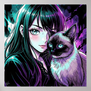 Hübsches Anime-Mädchen und Siamkatze Poster
