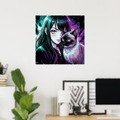 Hübsches Anime-Mädchen und Siamkatze Poster (Heimbüro)