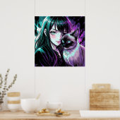 Hübsches Anime-Mädchen und Siamkatze Poster (Küche)