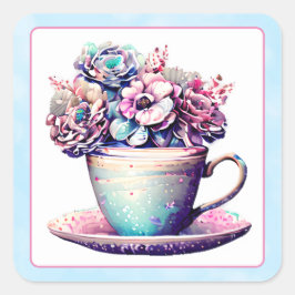 Hübsches antikes Teacup Vintage Blume Quadratischer Aufkleber