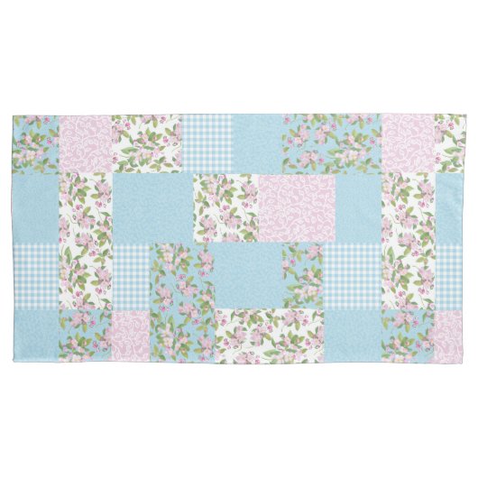 Hübsches Apple Blossom Pink Blue Imitats Patchwork Kissenbezug (Vorderseite-Links)