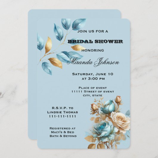 Hübsches Aqua Blue Gold Elfenbeinblume Brautparty Einladung (Vorne/Hinten)