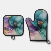 Hübsches Aqua Blue Lila Gold Floral Ofenhandschuh & Topflappen-Set (Vorderseite)