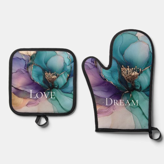 Hübsches Aqua Blue Lila Gold Floral Ofenhandschuh & Topflappen-Set (Vorderseite)