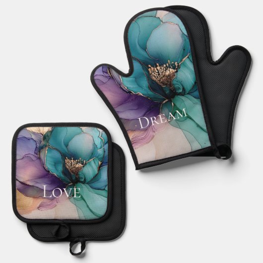 Hübsches Aqua Blue Lila Gold Floral Ofenhandschuh & Topflappen-Set (Vorderseite/Rückseite)