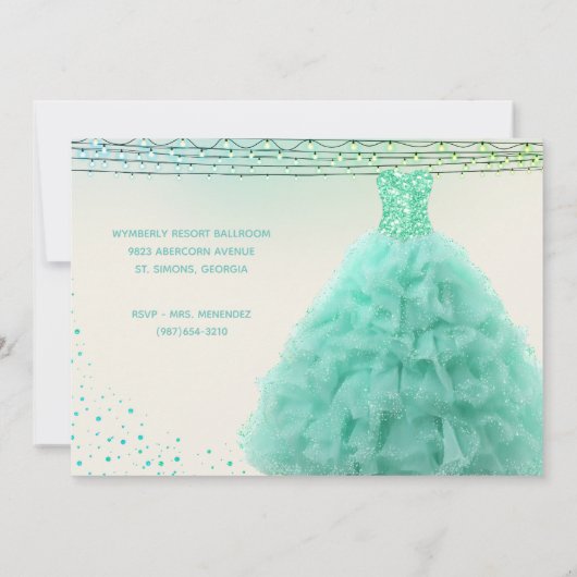 Hübsches Aqua Green Gown Under Lights Quinceanera Einladung (Rückseite)