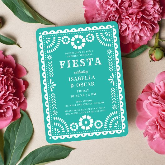 Hübsches Aqua Papel Picado Hochzeitsessen Probe Einladung