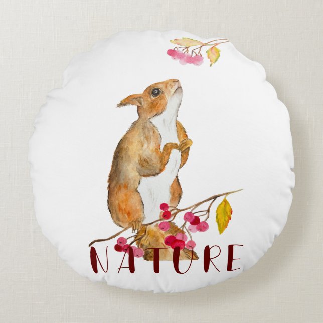 Hübsches Aquarellhörnchen auf einem Zweig mit Beer Rundes Kissen (Vorderseite)
