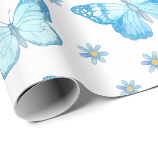 Hübsches Baby Blue Butterfly Blumenmuster Design Geschenkpapier (Rolleneckpunkt)