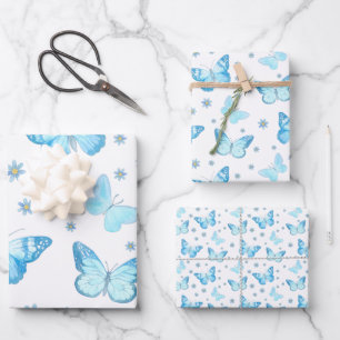 Hübsches Baby Blue Butterfly Blumenmuster Design Geschenkpapier Set