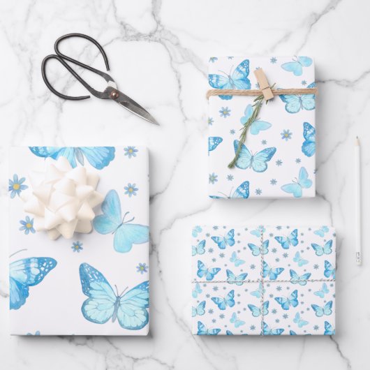 Hübsches Baby Blue Butterfly Blumenmuster Design Geschenkpapier Set (Vorderseite)
